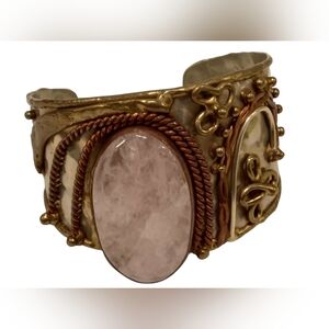 ARTIST STUDIO MADE ESTATE COPPER BRASS MIXED METAL ROSE QUARTZ CUFF BRACELET